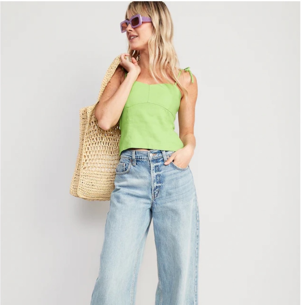 Fitted Linen-Blend Tie-Shoulder Cropped Cami Top